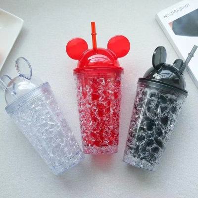 Factory Direct Sales Summer Crushed Ice Cup Cup with Straw Adult Frost Water Bottle Adult Cool Drinks Cup Double Wall Cooling Plastic Cup