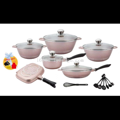 21pc Pot Set with Double-Sided Ovenware Red and Black Powder Non-Stick Pot Soup Pot Milk Pot Deep-Fat Fryers with Lid