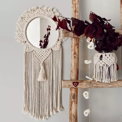 Cotton String Mirror Hand-Woven Handmade Tassel Tapestry Cosmetic Makeup Mirror Decoration Wall Hanging