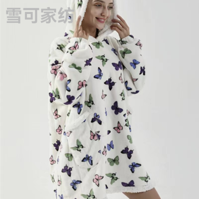 New Cloak Cold-Proof Clothes Printed Winter Thickened Women's Pajamas Nightgown Lambswool