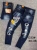 European and American Street Trendy Fashion Holes Men's Jeans Distressed Light Blue Paisley Patch Slim Hip Hop Skinny Pants Men