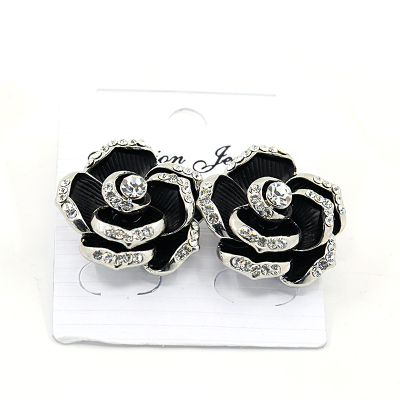 2015 Korean style sweet flower earrings alloy rose shape oil drip rhinestone earrings