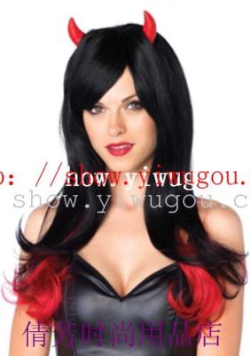 Ox horn wig  black red hair  party wig  show wig hair
