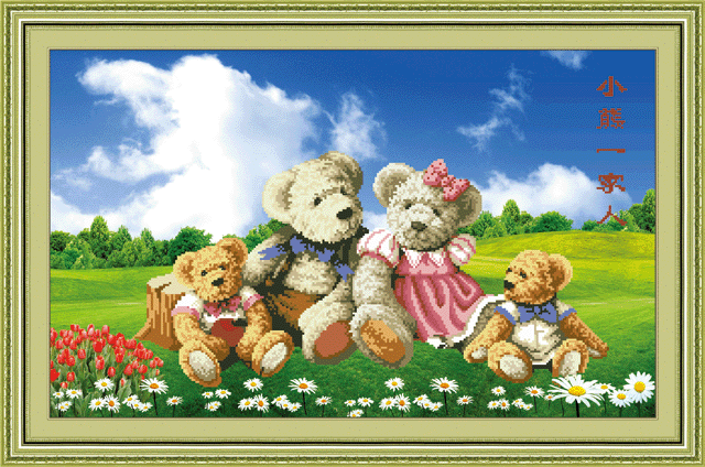 printed cross stitch material package wholesale handmade embroidery crafts bear family 5d0053