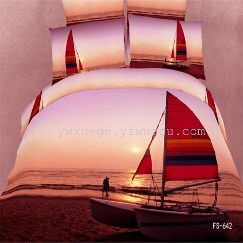 four-piece set of foreign trade bedding cotton personalized 3d large positioning oil painting surfing bed four-piece set wholesale
