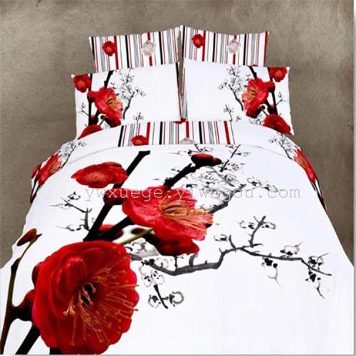 3d cotton four-piece cotton creative bedding four-piece foreign trade bedding red plum