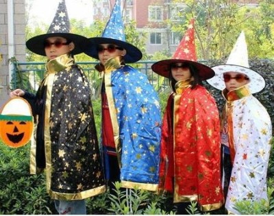 The high-end children's performing costumes Wizard cape + hat suit Halloween children witch cape