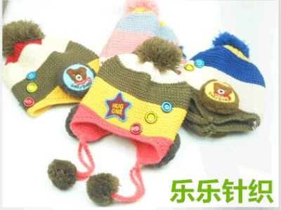 Child wuxing earmuffs wool knit hat winter hat, striped button baby baby wool warm hat and ball ball cap Hat