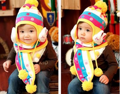 Hat han edition of the new children's cartoon rabbit hat double candy little baby beanie earmuffs knitted cap