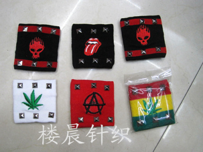 Tongue, marijuana, flame skull patterns embroidered with spike wristband