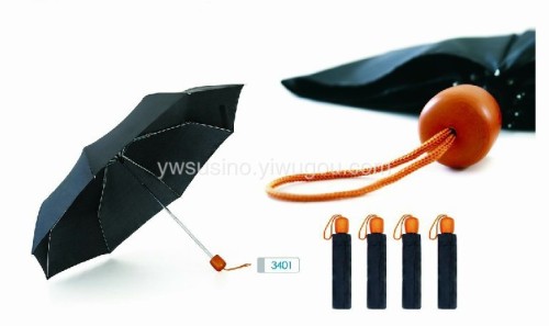 triple folding umbrella advertising umbrella hand umbrella imitation wood handle polyester fabrics iron safety shelf