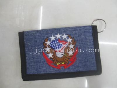 Embroidered flag wallet with denim materials production.