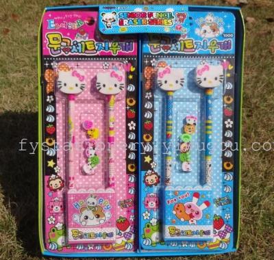 Cartoon cat combo stationery pencil Cap erasers Korea stationery wholesale factory direct children's 
