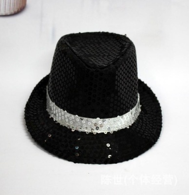 Sequined beaded jazz hat top hat black Sequined white belt in the middle Sequined black hat