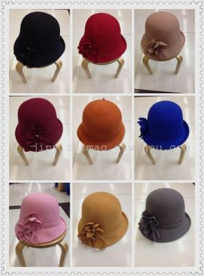 Ladies pure wool bucket Hat felt-flower decoration flower claw chain fisherman Hat