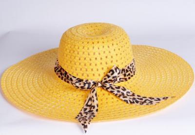 Summer liangmao large-brimmed ladies Hat straw hats Leopard print bow streamers along the beach Hat Sun Hat fold