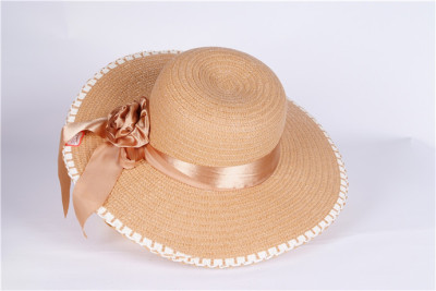 Korean girl big-brimmed Sun Hat Cap dome-flat-brimmed fabric bow lace summer beach Hat postage