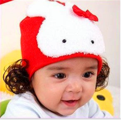 Korean children's hat cartoon wig curly-head Hat cotton knit baby Hat baby big head hats
