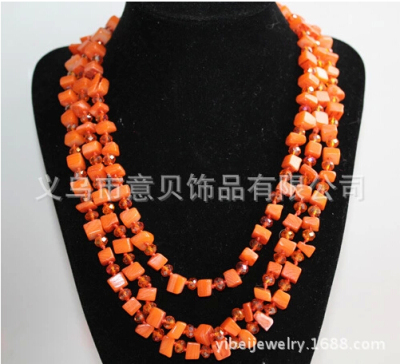 Natural shell necklaces 8*8mm rule color stone necklace knotted necklace Crystal three layer multilayer