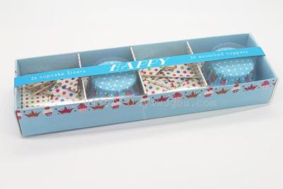 Blue package cake gift box set with Blue dot paper holding small flags and small fruit tips