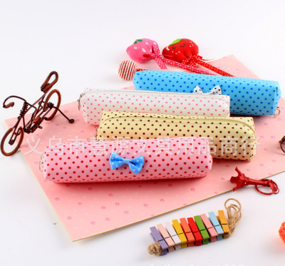 Korean dot bow pencil bag Creative personality pencil case Stationery bag Factory outlets