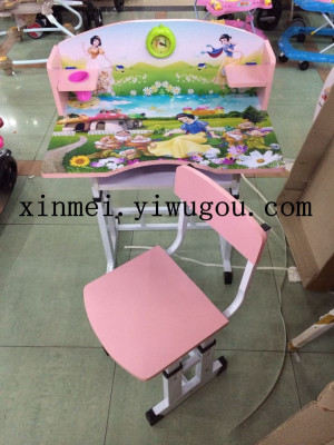can be raised and lowered cartoon children's tables and chairs of iron pipe and wooden board material desk stationery