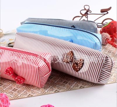 Striped stationery bag bow pencil case Office supplies creative large capacity pencil case for  wholesale