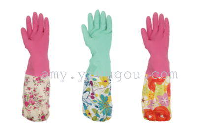 Shu Kou flower cuff LaTeX cleaning gloves in warm household gloves padded velvet gloves 53cm