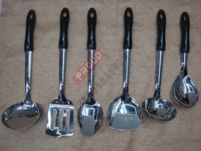 6940 black handle stainless steel utensils, stainless steel shovel spoon, slotted spoon, shovels, spoons