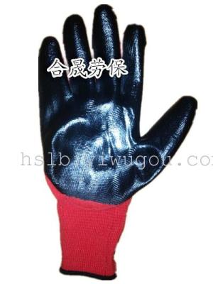 13-pin plastic dingqing dipped gloves red yarn black oil resistant wear soft gloves