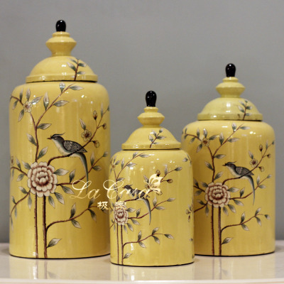 American rustic hand-painted flowers birds high temperature ceramic storage jar home decorations ornaments medium