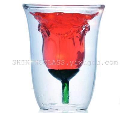 Borosilicate  glass double wall glass of  rose  design  heat-resisting  glass wine glass 