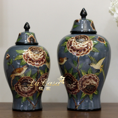 American country retro European hand-painted Peony General pot ceramic lid jar home ornaments and crafts