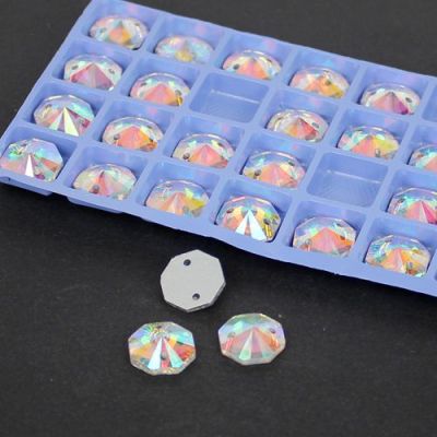 Sew On Glass Beads 10mm 12mm 14mm Flatback Octagon Sewing DIY Beads With Holes For Garment High Shine Crystal AB Beads