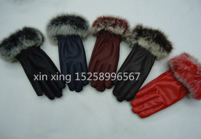 Female type rabbit fur mouth PU gloves and velvet gloves.