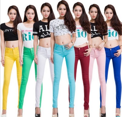 Korean women slim Candy-colored feet pencil pants elastic jeans women's casual pants