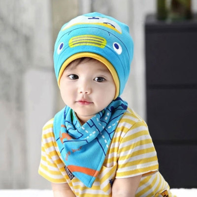 Spring and autumn baby hedging caps cotton cartoon printing double hat saliva towel set of two