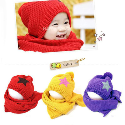 Solid color in autumn and winter Hat scarf set of two stamps for children five-star hats