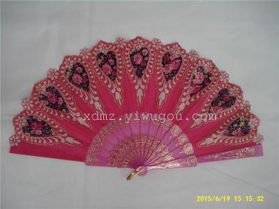 Factory direct color rods Chinoiserie fan fan dancing heart-shaped plastic printing gold floral garden style fans