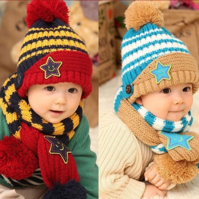 Five-pointed star helmet head Hat scarf winter baby two piece set