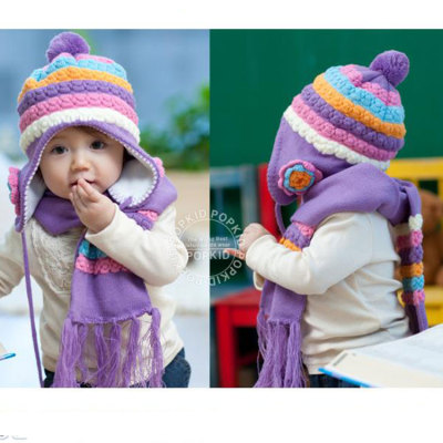Winter pineapple flower child helmet stripes and two pieces of fleece baby hat and scarf set