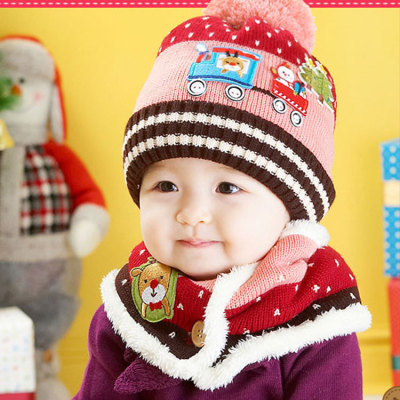 Cartoon cars Christmas Hat baby warm in winter Hat scarf set of two