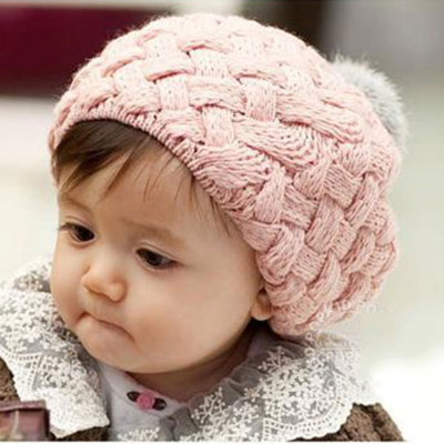 Fall/winter rabbit fur ball baby beret, wool knit Cap