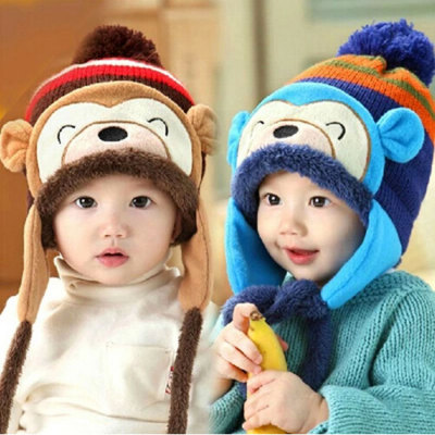 Children cartoon monkey in winter hats baby knits and velvet helmet
