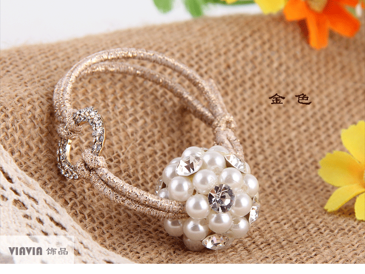 Korean-Style High-End Ring Diamond Hair Ring Double-Strand Gold Thread Knotted Rubber Band Handmade Beaded Pearl Floral Ball Hair Rope Hair Accessories