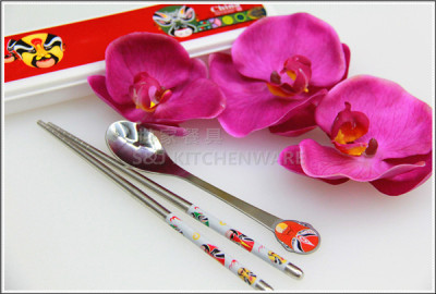 Portable picnic students Peking Opera plastic boxes of stainless steel spoon chopsticks 2 piece