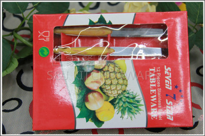 The new boxed 12PCS wood plastic flower clip handle knife fruit knife and fork fork