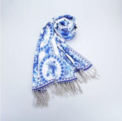 The blue and white porcelain retro double brushed silk shawl 100% China high-end gift scarf