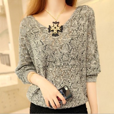 Loose knit sweater collar V hollow solid thin coat sleeve head female bat sleeve sweater
