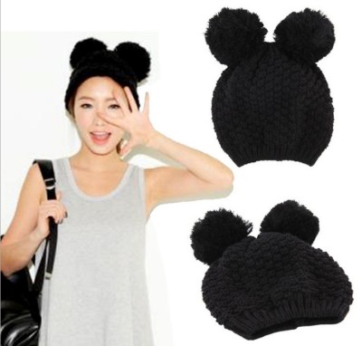 Cute Mickey Mouse Ears knitted hat female winter wool hat hair ball cap cat ear cap